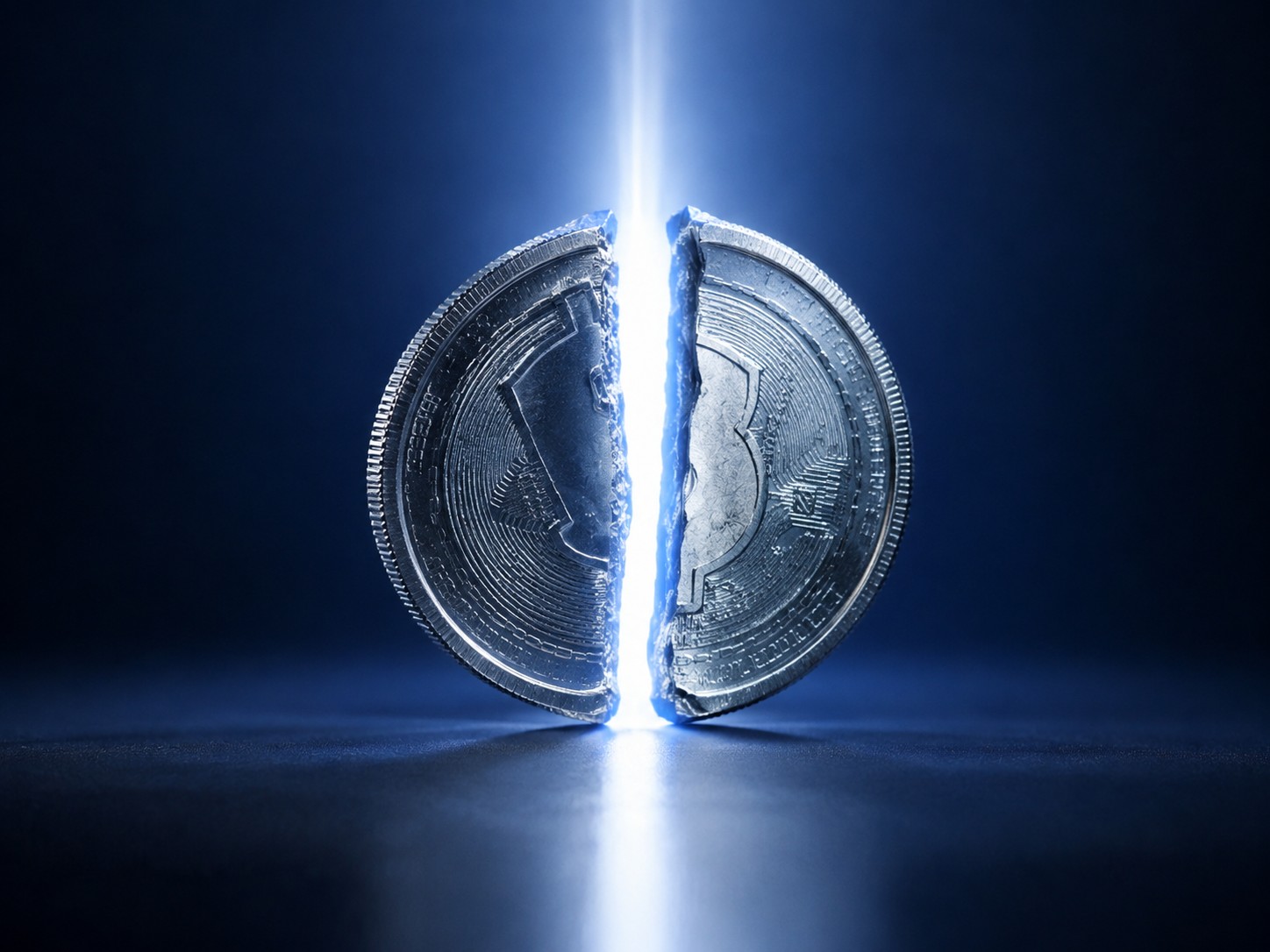 Coin being split into two halves by a beam of light
