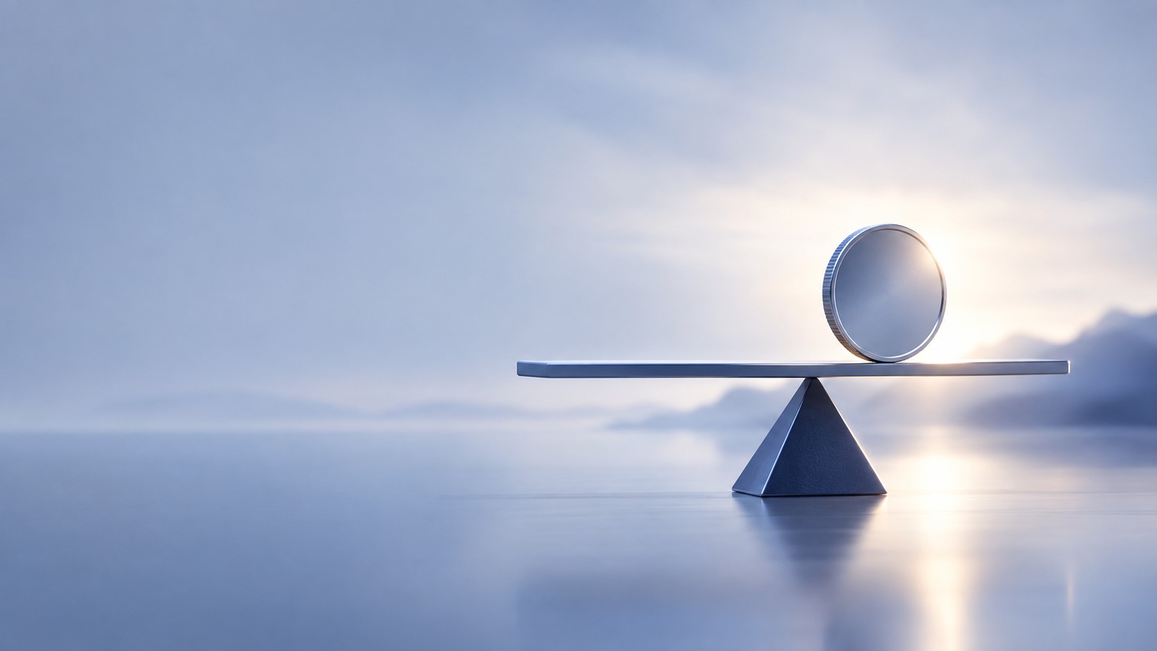Coin resting perfectly level on a balance beam with a flat price line
