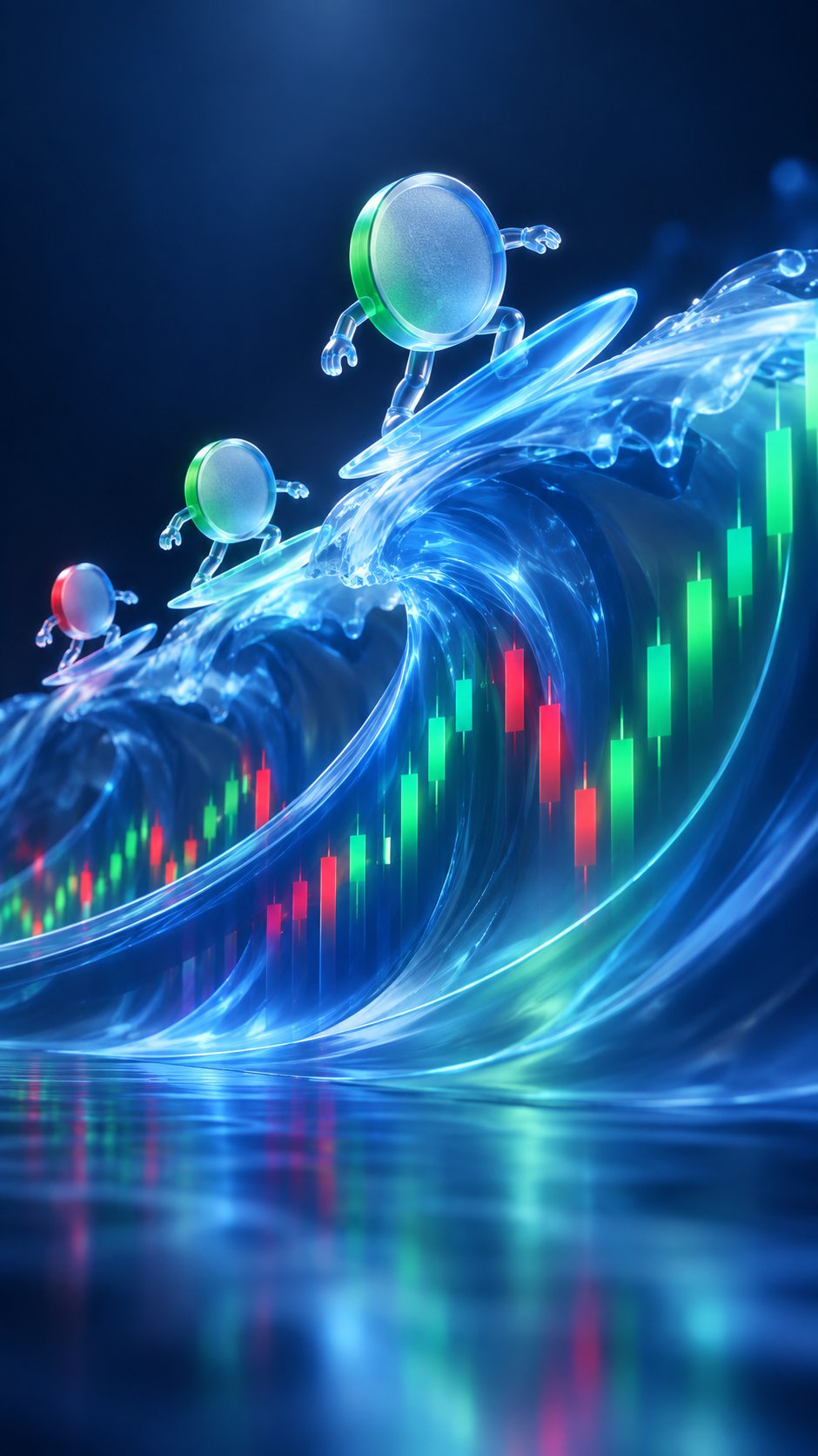 Coins surfing on a huge wave shaped like a price chart