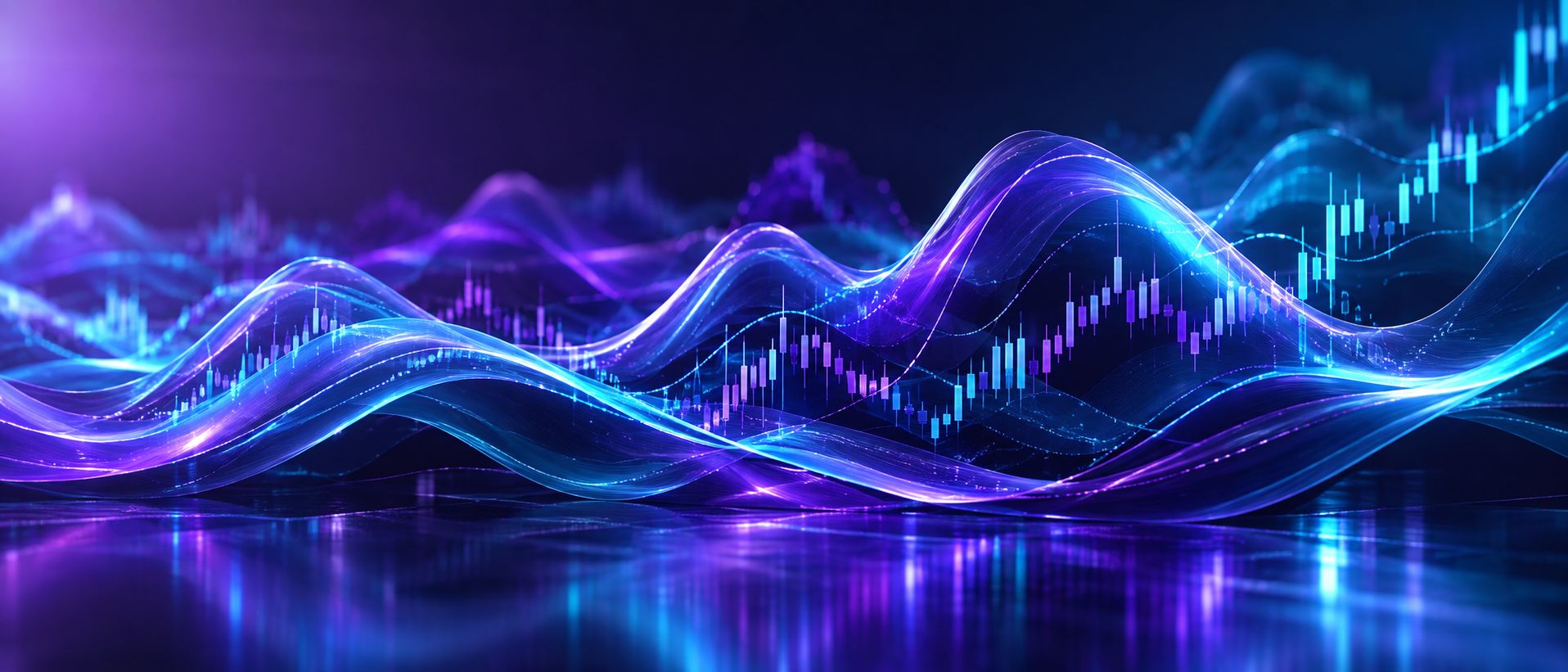 Abstract waves of light representing market volatility across currency charts