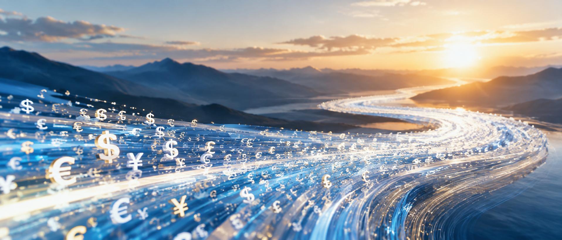 Flowing river of light made of tiny currency symbols