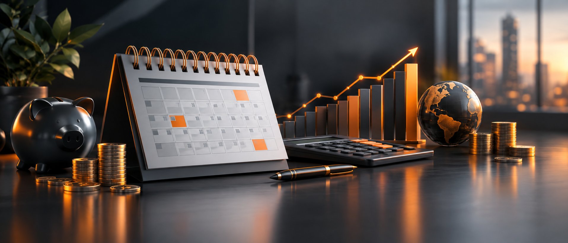 Elegant desk calendar with financial icons and a chart in the background
