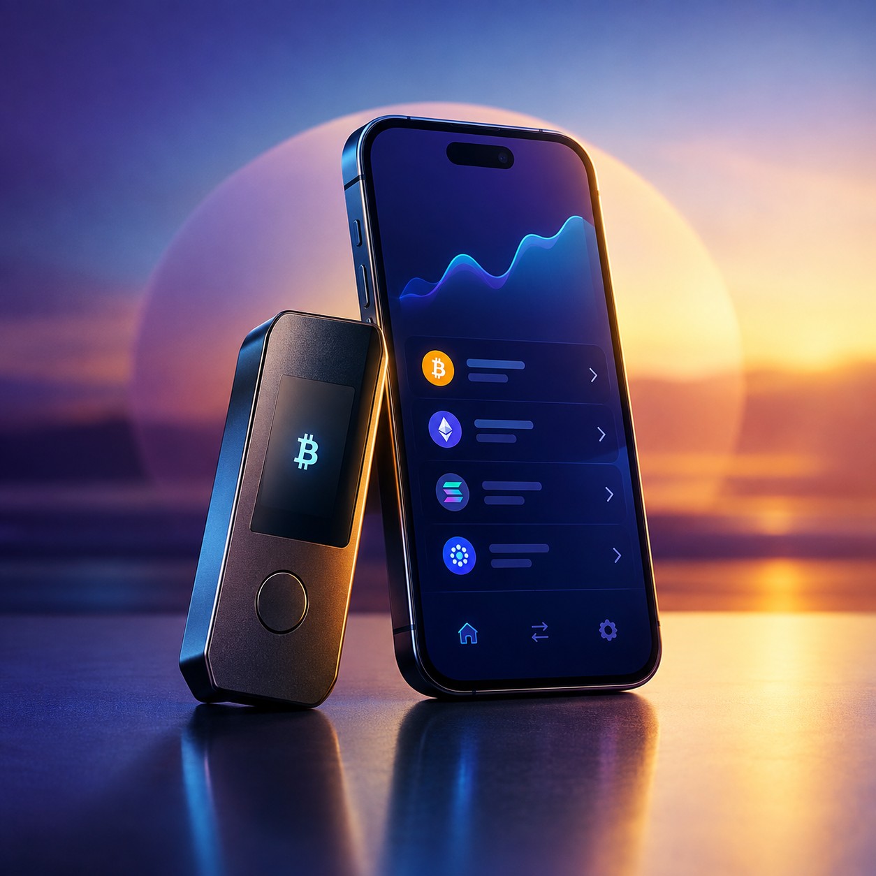 Sleek hardware crypto wallet device next to a smartphone wallet app